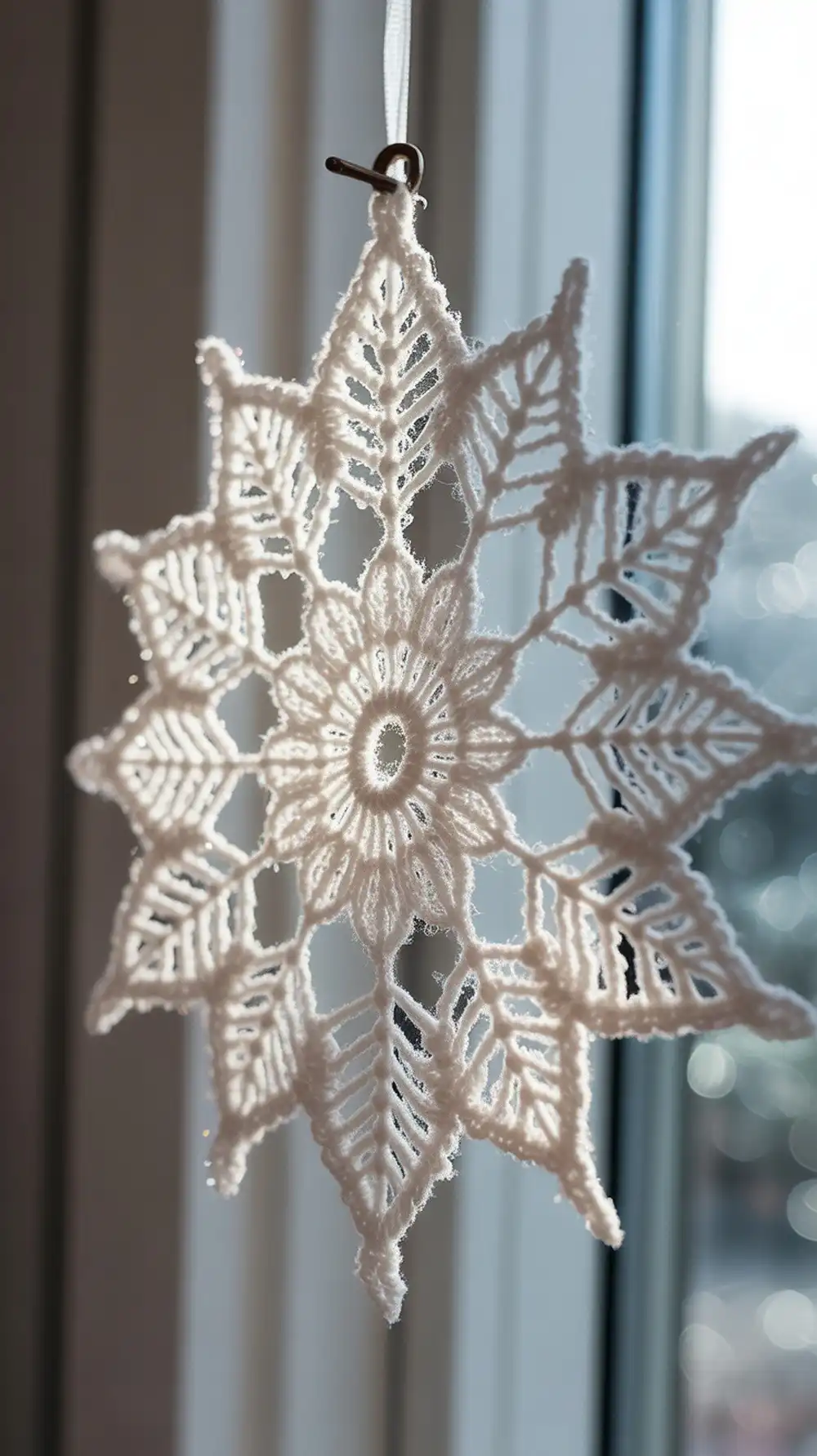Sparkling glittering lace crochet snowflake made with #10 thread, enhanced with glitter for a vintage, heirloom feel.
