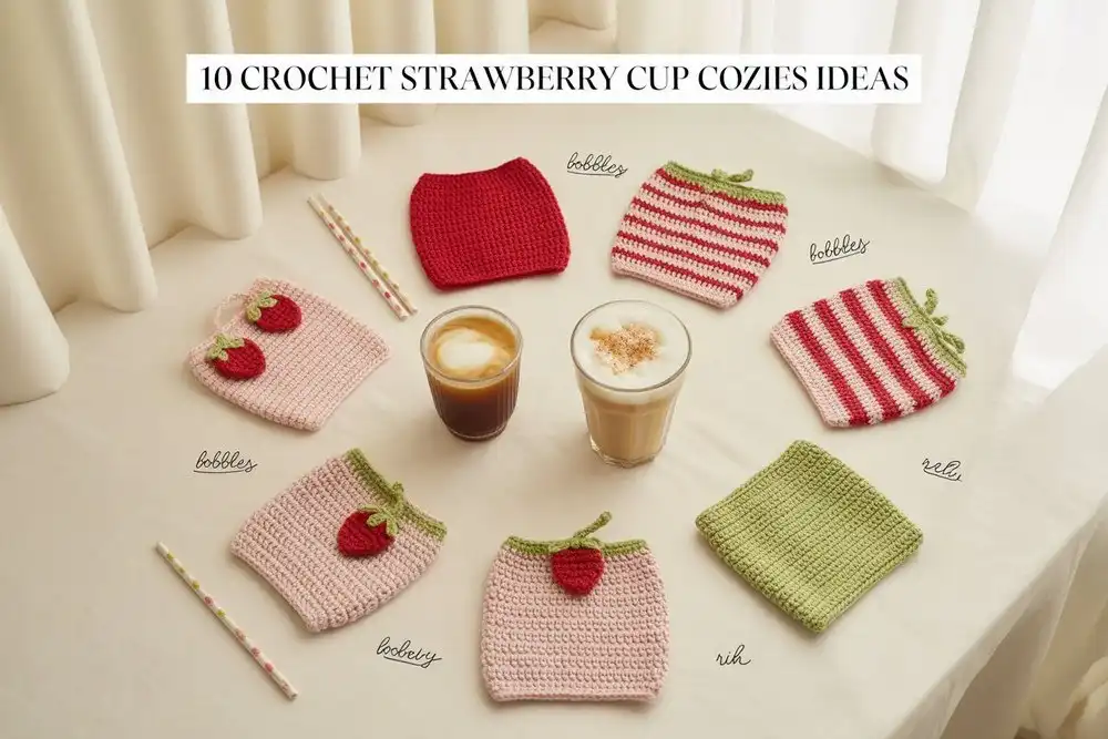 10 Crochet Strawberry Cup Cozies Ideas 1 Collection of 10 unique crochet strawberry cup cozies ideas displayed on various drinkware