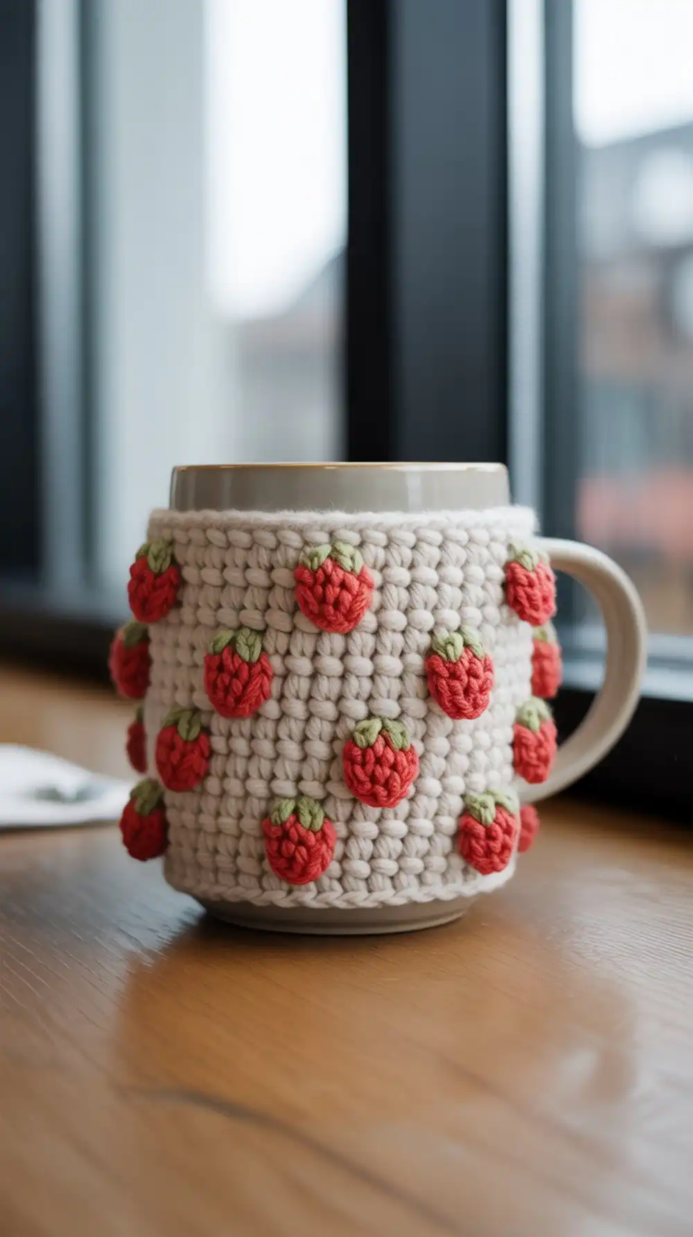 10 Crochet Strawberry Cup Cozies Ideas 2 Crochet strawberry stitch coffee sleeve with 3D berry texture on a neutral base