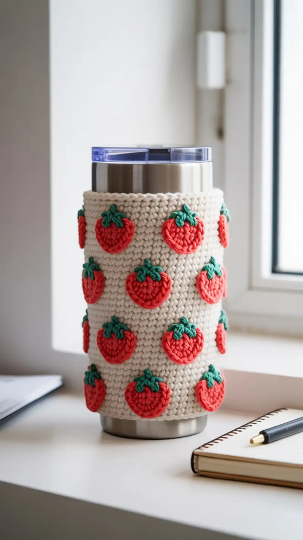 10 Crochet Strawberry Cup Cozies Ideas 11 Crochet strawberry Stanley Quencher cover with single crochet and strawberry stitch detail