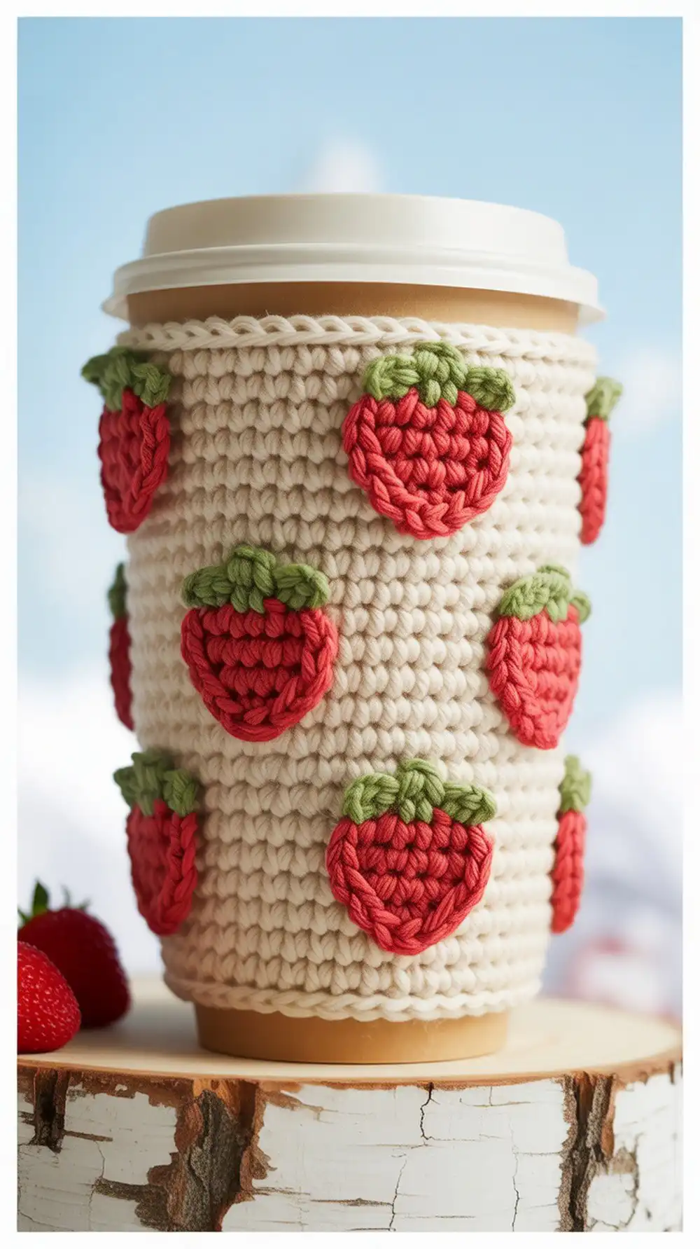 10 Crochet Strawberry Cup Cozies Ideas 3 Playful crochet strawberry coffee beanie cozy designed for a 20 oz Starbucks-style cup