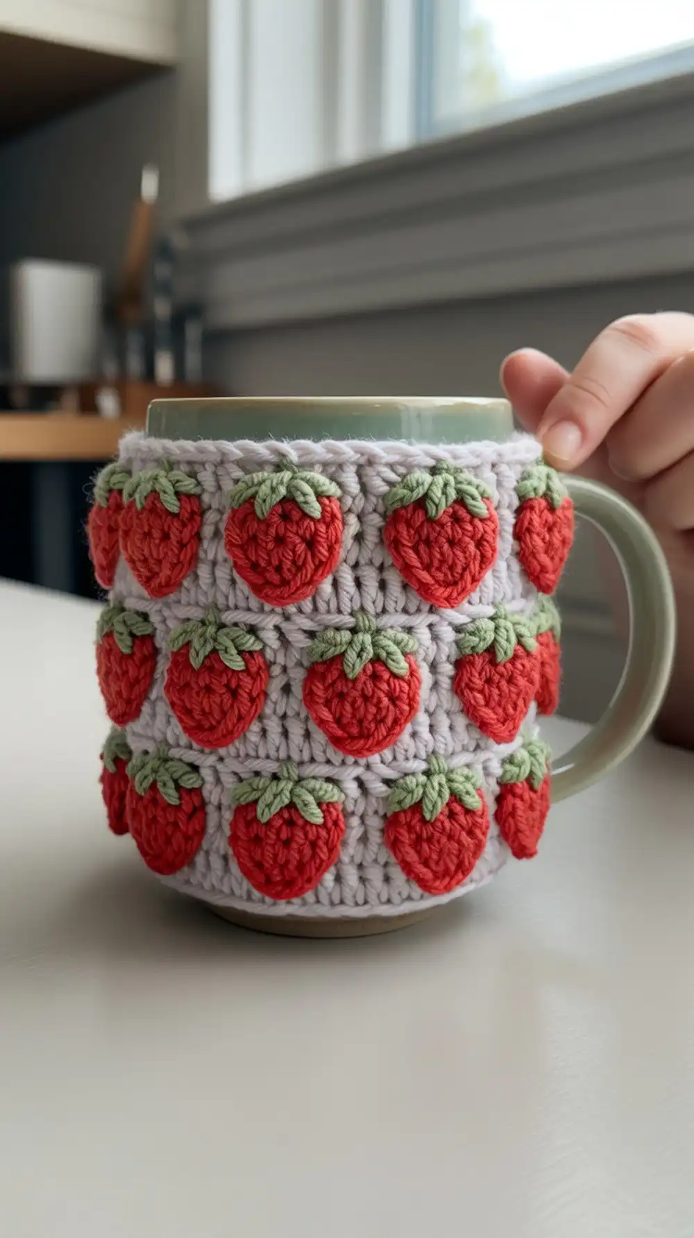 10 Crochet Strawberry Cup Cozies Ideas 4 Classic crochet strawberry coffee cup cozy with simple rounds and embroidered seeds