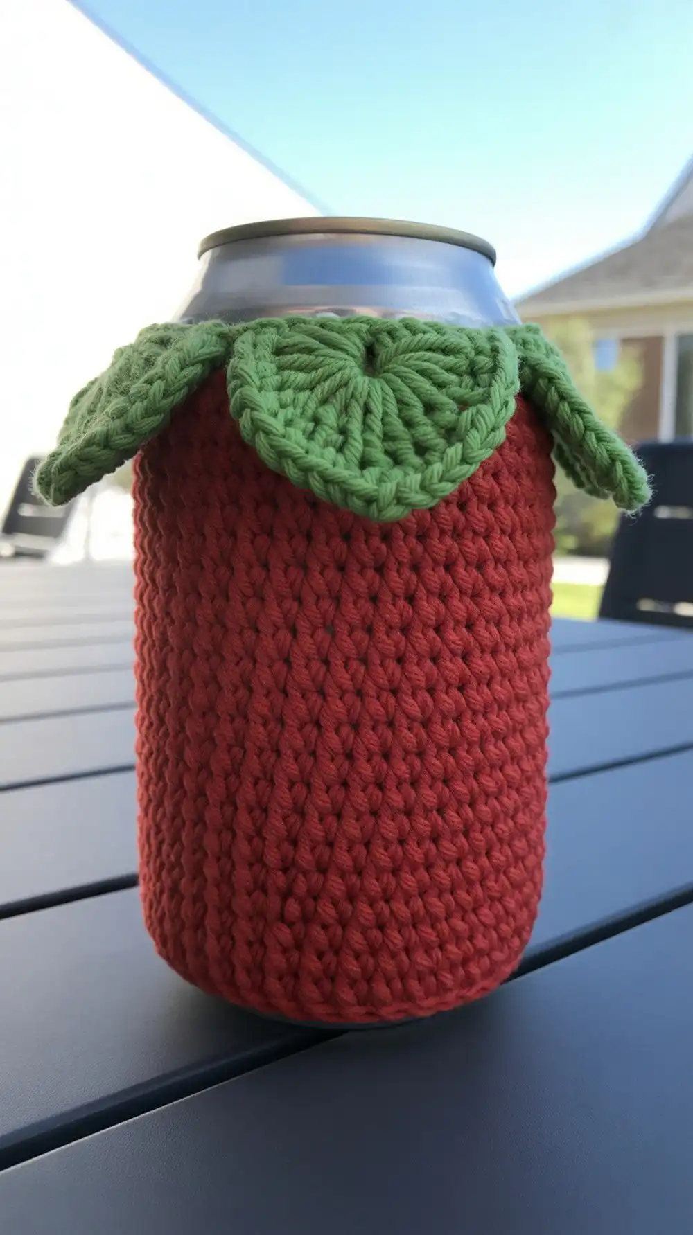 10 Crochet Strawberry Cup Cozies Ideas 7 Crochet strawberry can coozie cozy with fpdc shaping for leafy texture at the rim
