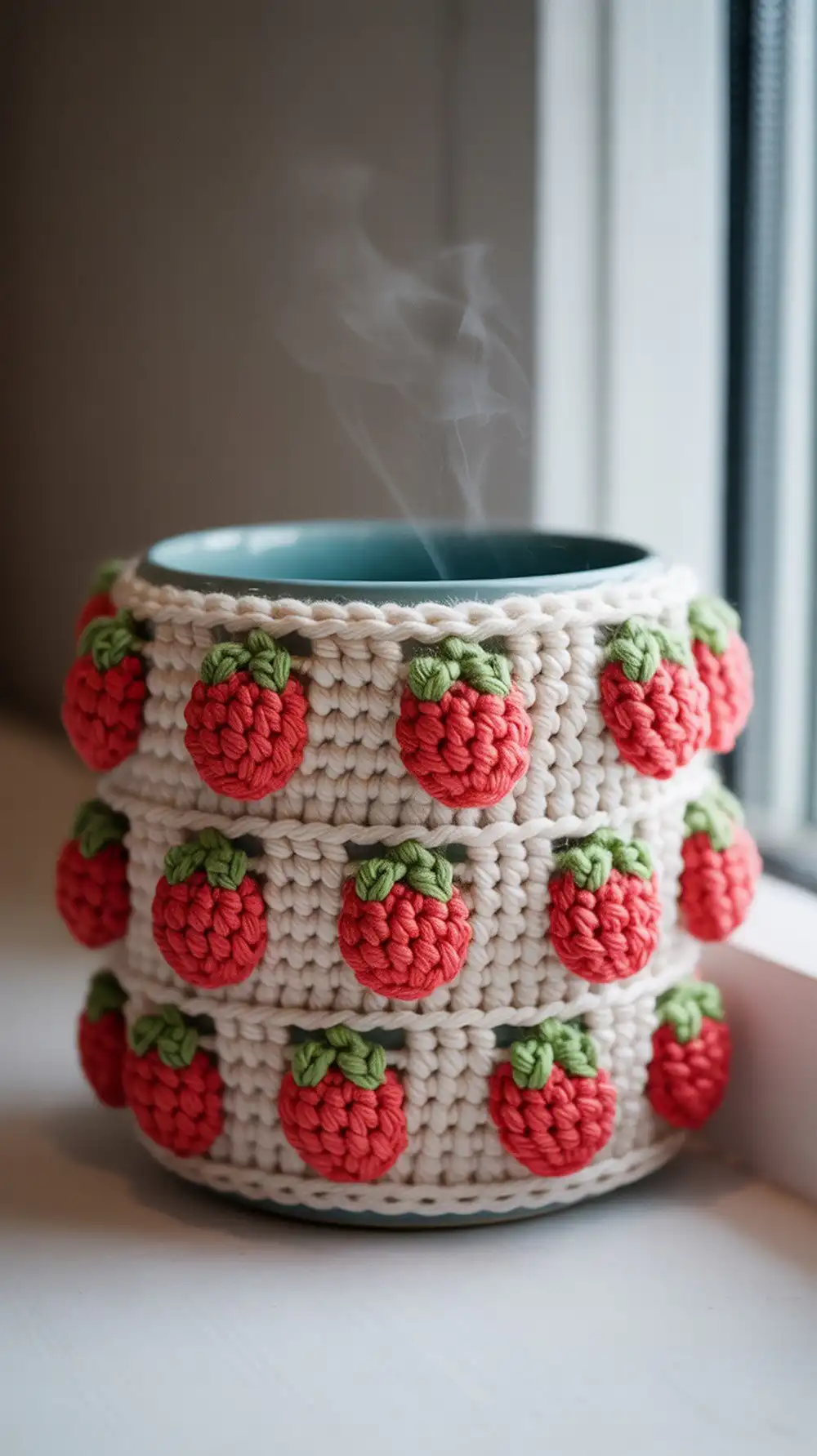 10 Crochet Strawberry Cup Cozies Ideas 9 Textured crochet berry cozy mug cozy showcasing the strawberry stitch technique