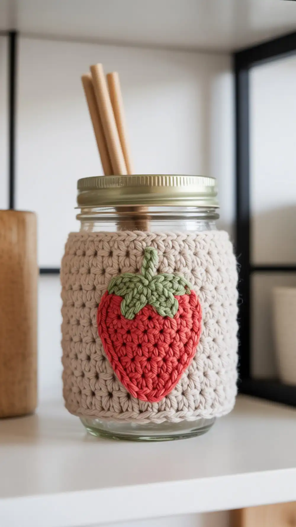 10 Crochet Strawberry Cup Cozies Ideas 10 Crochet mason jar cozy with a cute strawberry appliqué and embroidered seeds