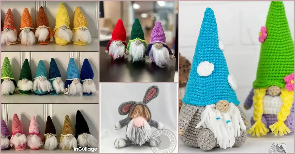 A whimsical collection of diverse Easter and garden gnomes crocheted in various styles and colors, ready for display.