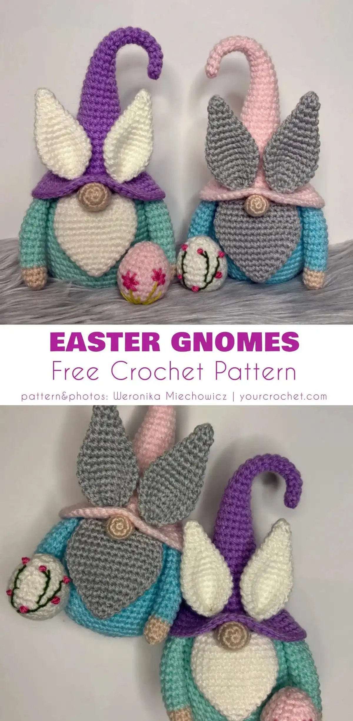 Two pastel-colored Easter gnomes with long bunny ears and tiny eggs, sitting on a wooden surface, embodying spring cheer.