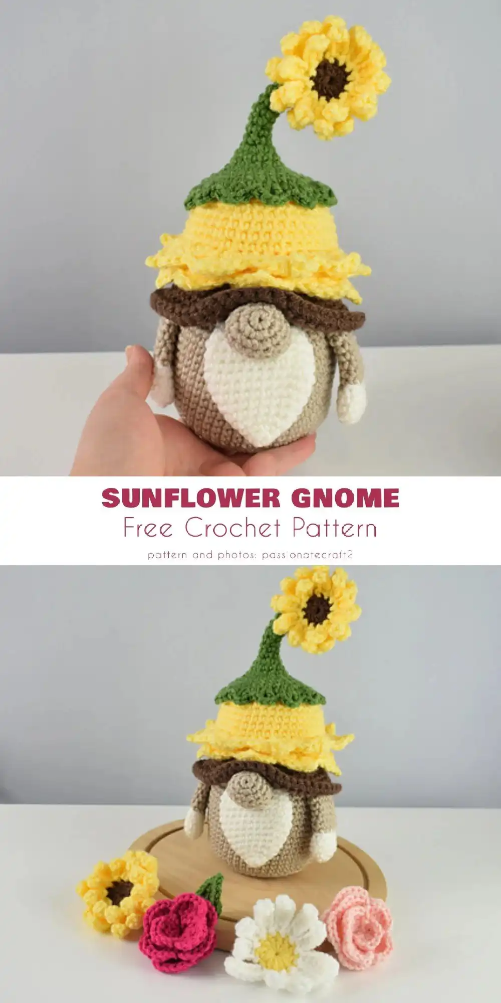 A sunflower gnome featuring a prominent crocheted sunflower on its hat, with a cheerful, playful expression.