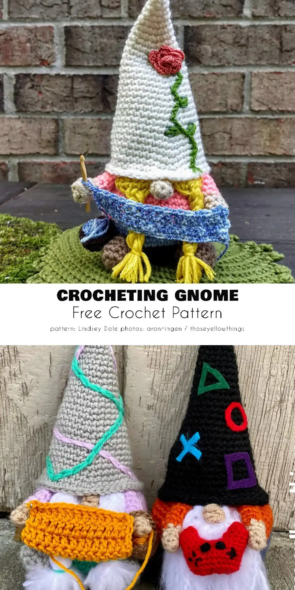 A 'Crocheting Gnome' sitting with a miniature crochet hook and yarn ball, seemingly engrossed in crafting.