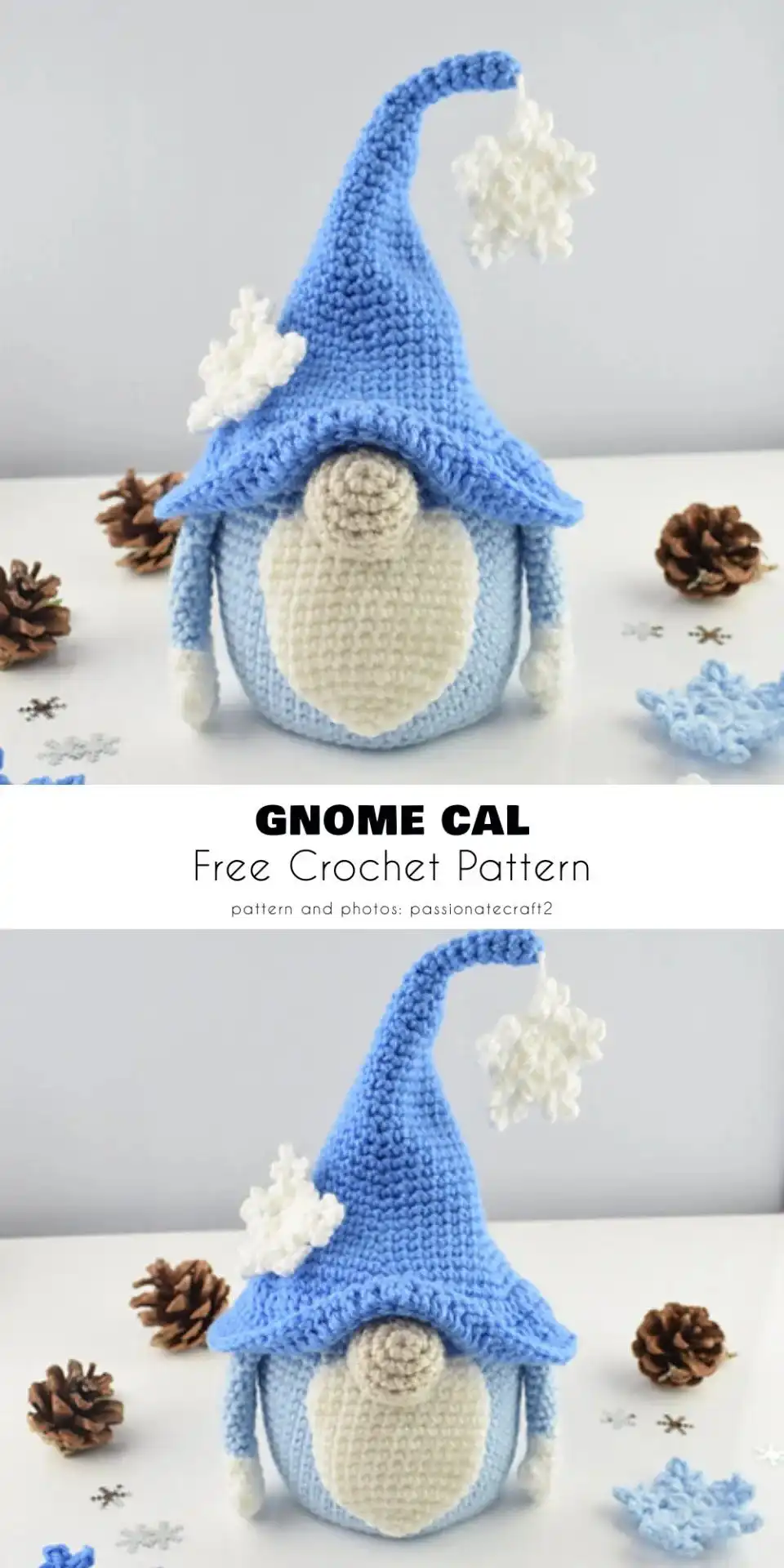 A 'Gnome CAL' (Crochet-Along) gnome dressed in winter attire with a textured hat and scarf, surrounded by snow.