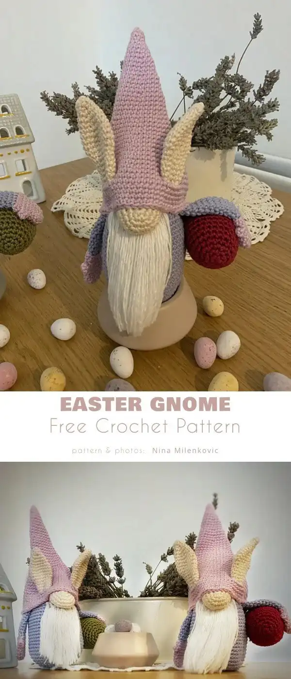 A single, cute Easter gnome with an oversized striped hat and prominent bunny ears, holding a small egg.