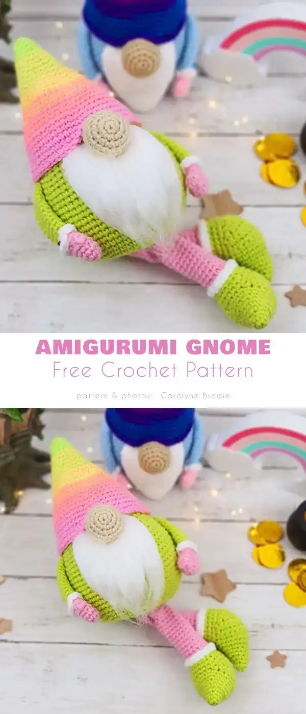 A colorful amigurumi gnome with a tall, striped hat and a fluffy white beard, showcasing vibrant yarn colors.
