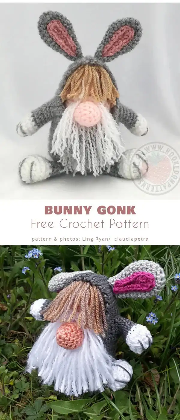 A 'Bunny Gonk' gnome with a unique, slightly gruff appearance, wearing a pointed hat and a textured beard, holding a carrot.