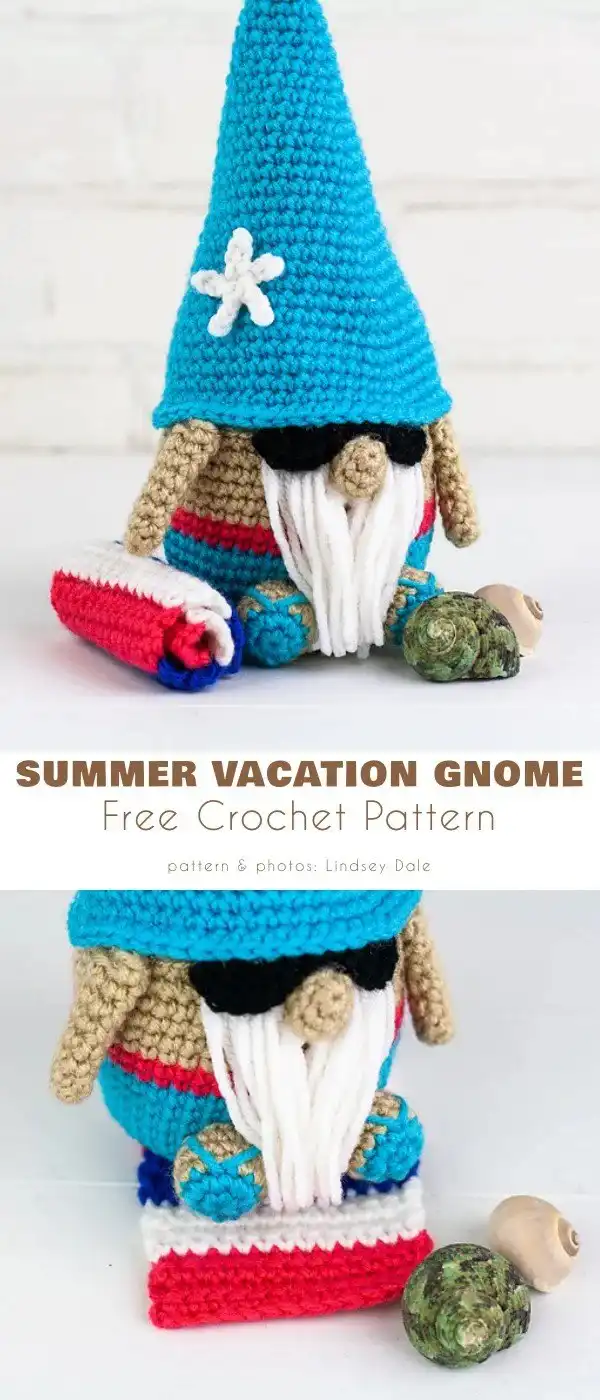 A cheerful summer vacation gnome wearing sunglasses and a patterned hat, evoking a relaxed, beach-ready vibe.