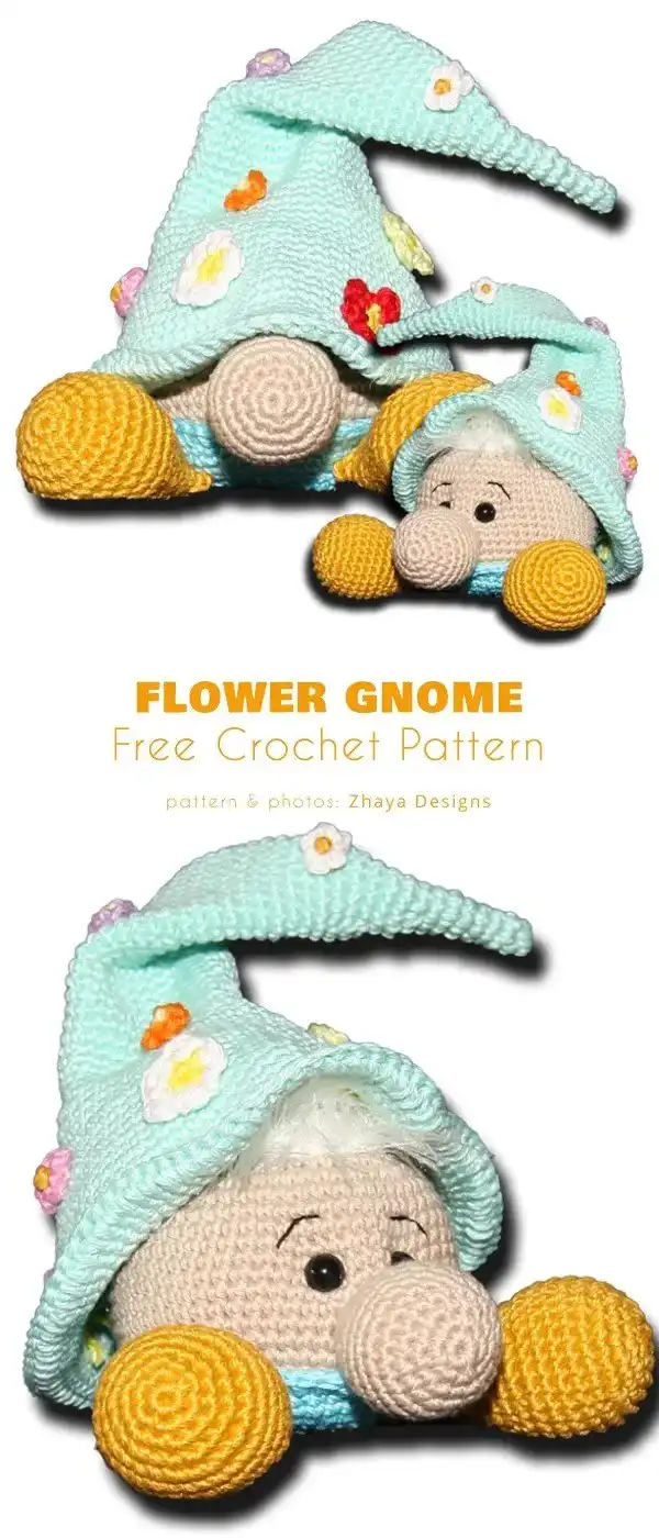 A 'Flower Gnome' with a green hat adorned with tiny crocheted leaves and flowers, holding a small watering can.
