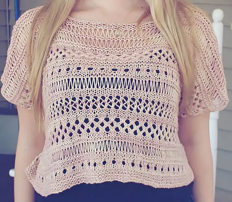 A Cancun Boxy Lace Top, showing the result of two simple rectangles seamed together for a trendy, airy lace design.