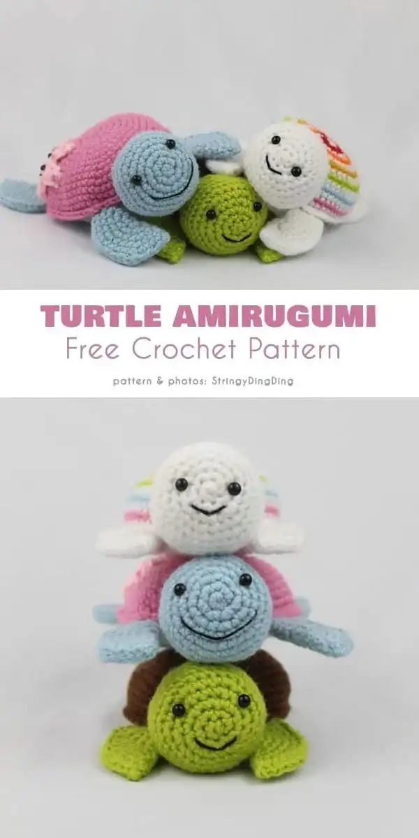 A modern geometric pattern turtle amigurumi, with its shell distinctly divided into contrasting colored segments.