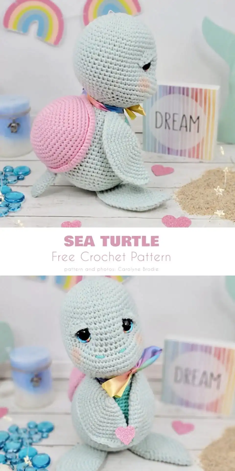 An innovative sea turtle amigurumi featuring a shell design subtly integrated with a starfish motif.