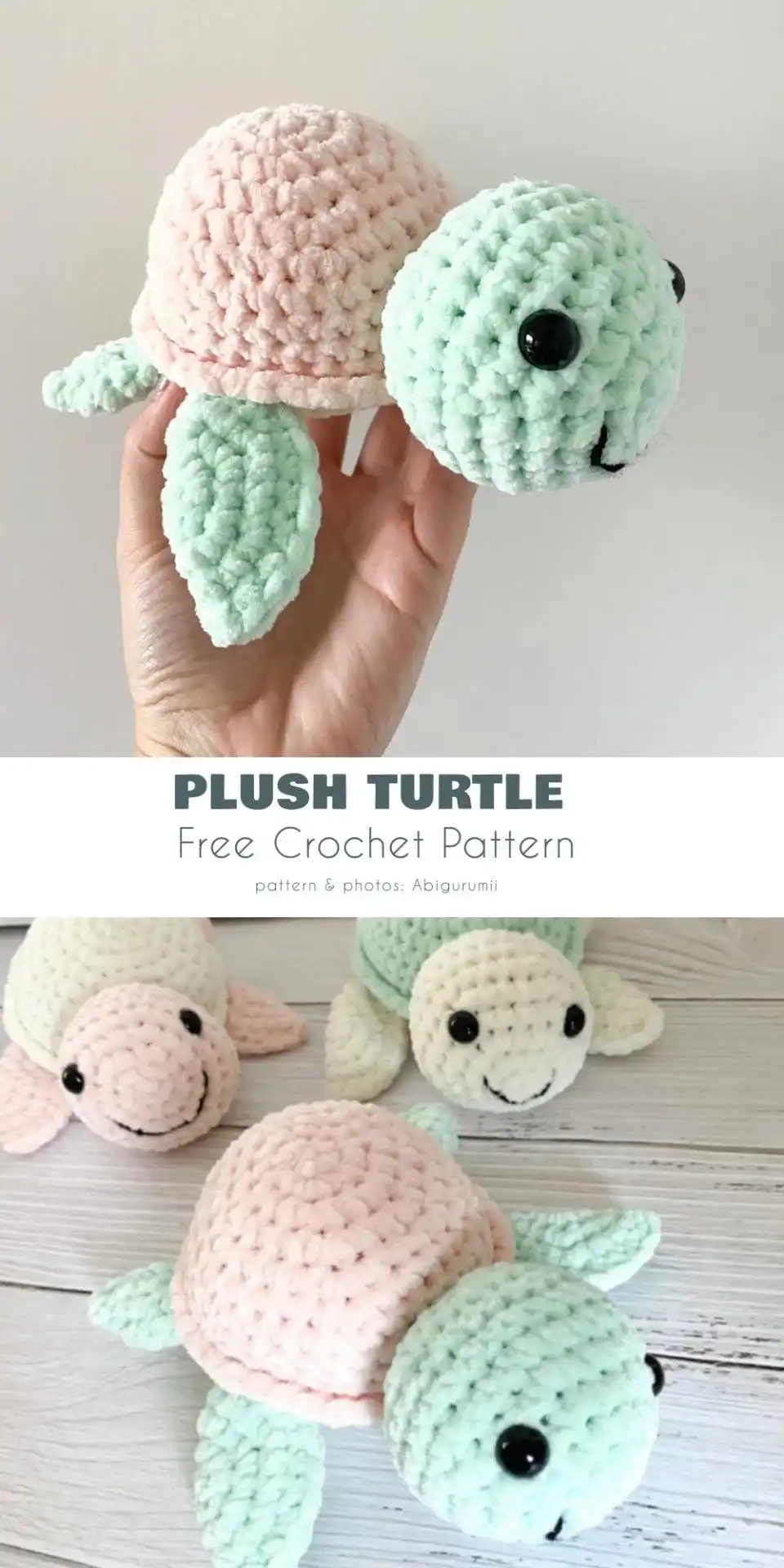 A heartwarming set of amigurumi: a larger mama sea turtle with a tiny baby turtle beside her.