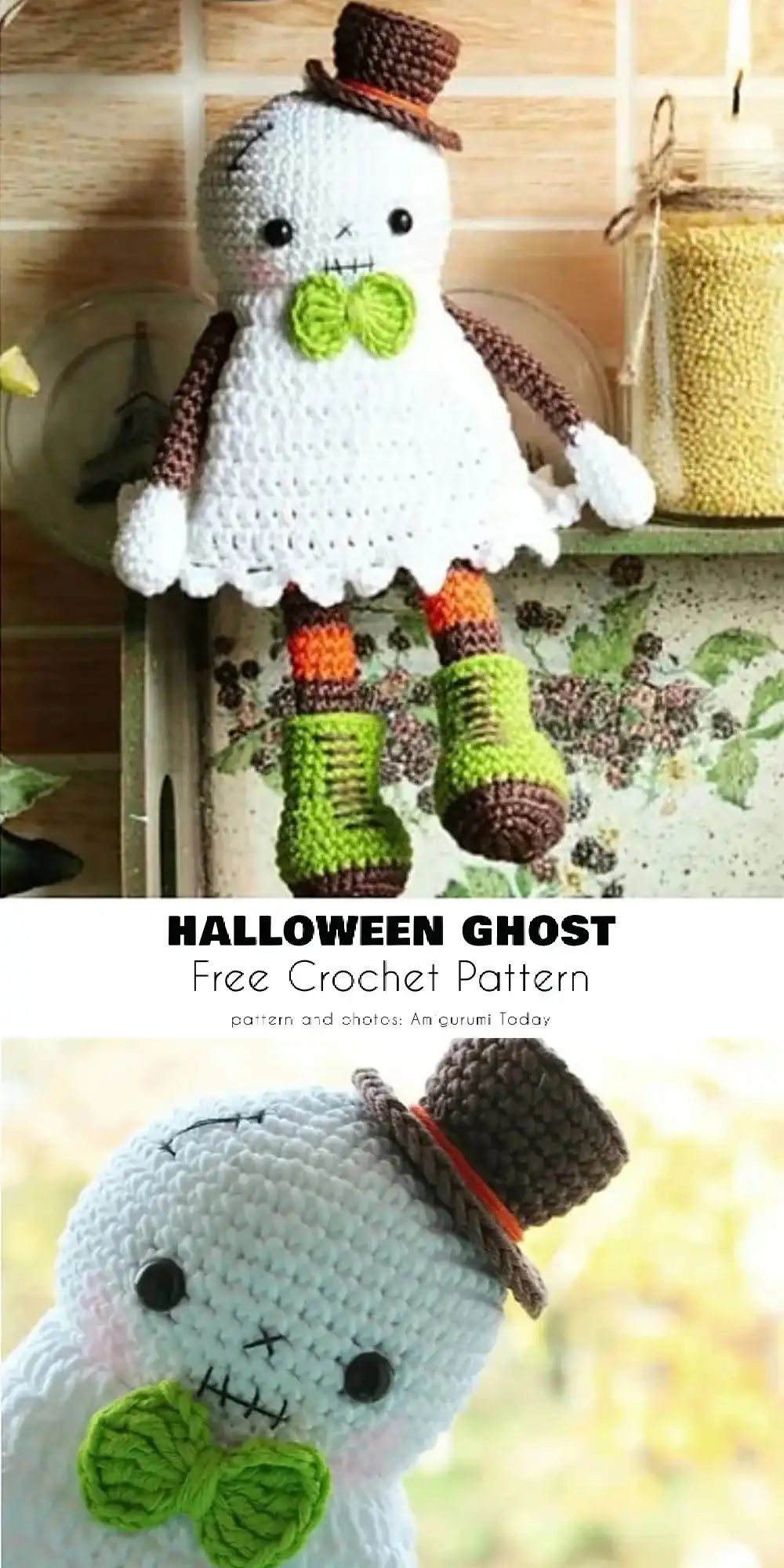 Simple white ghost amigurumi with an ethereal glow, made from glow-in-the-dark yarn, perfect for spooky night displays.