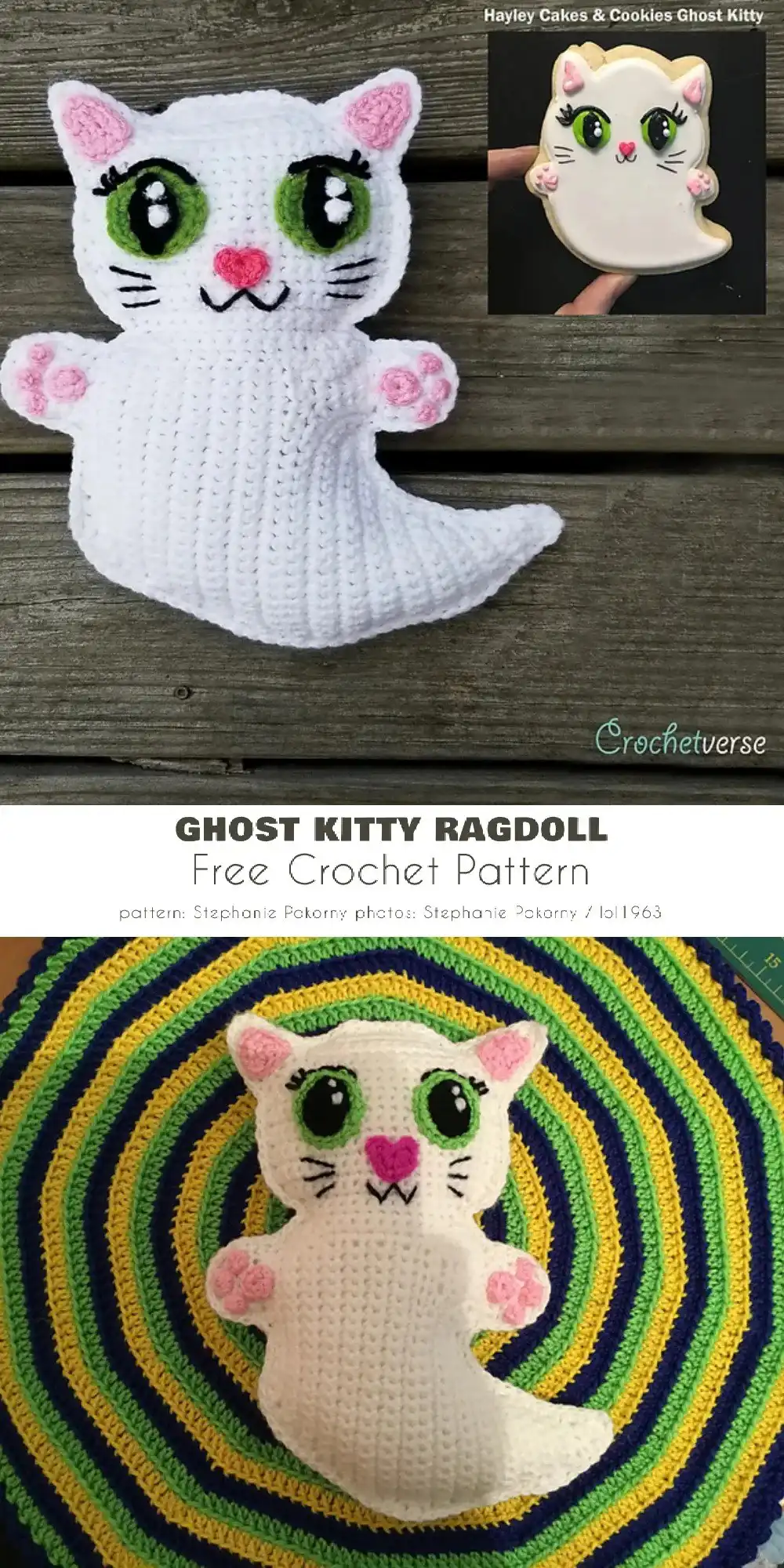 White ghost amigurumi wearing a small, dapper black bow tie, showcasing the stylish Dapper Bow-Tie Ghost design.