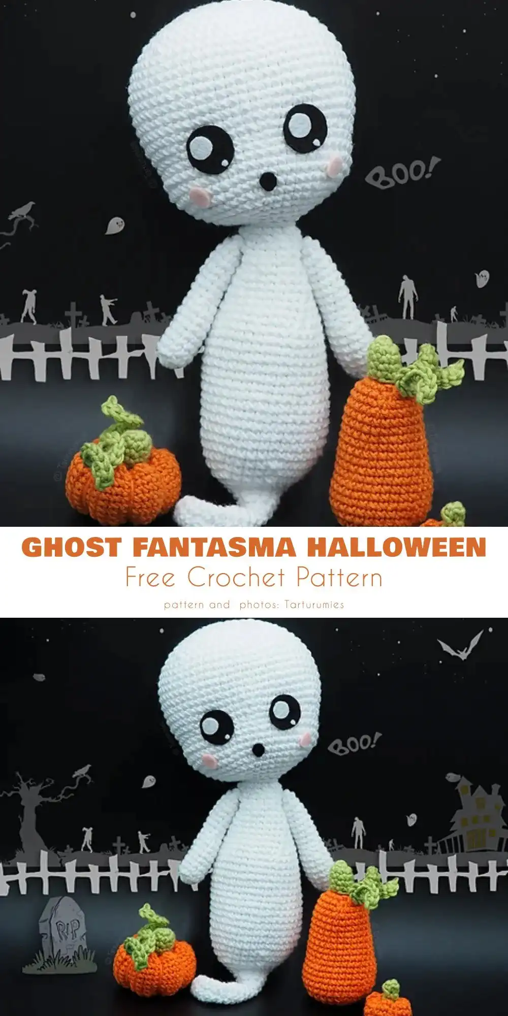 White ghost amigurumi sitting next to or holding a small crocheted orange pumpkin, depicting the Pumpkin Patch Pal Ghost.