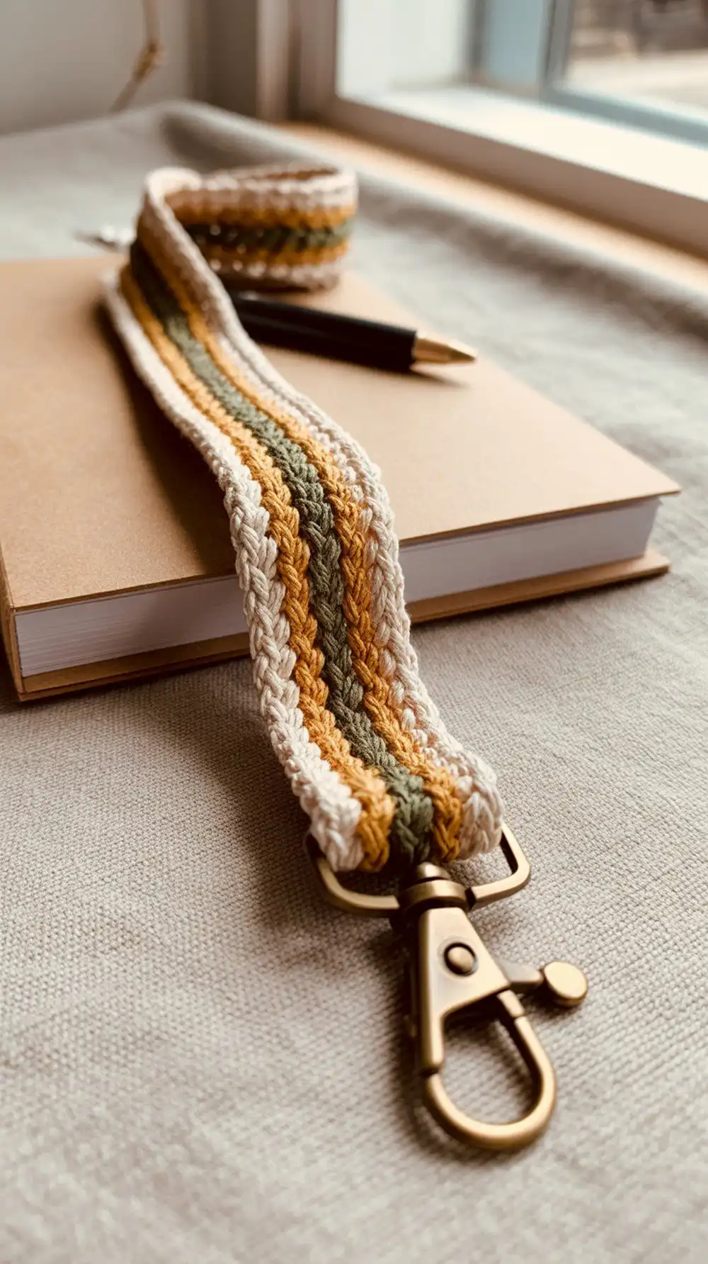 12 Crochet Beaded Lanyard – Badge Holder Ideas 2 Close-up of a Creekside Textured Lanyard made from cotton with subtle wooden beads near the clasp, showcasing its polished texture