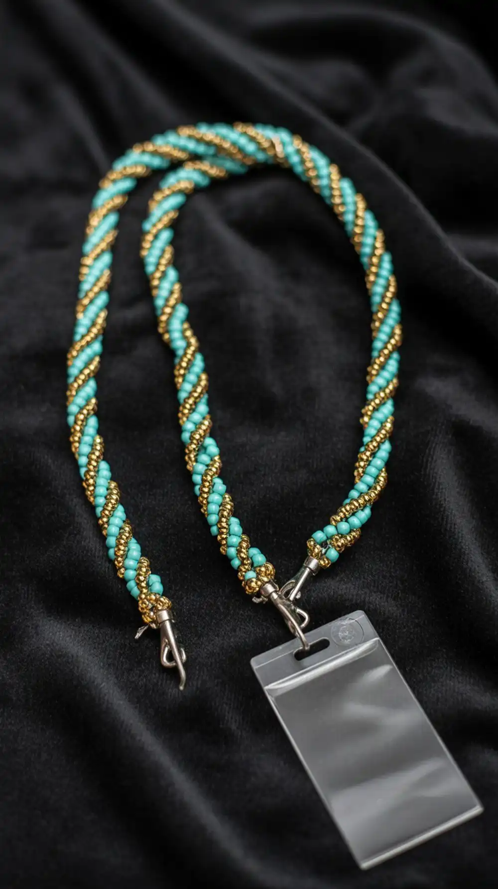 12 Crochet Beaded Lanyard – Badge Holder Ideas 12 A close-up of a Bead Crochet Rope Lanyard, showing the intricate tubular design made with seed beads and beading thread, giving a jewelry-grade look