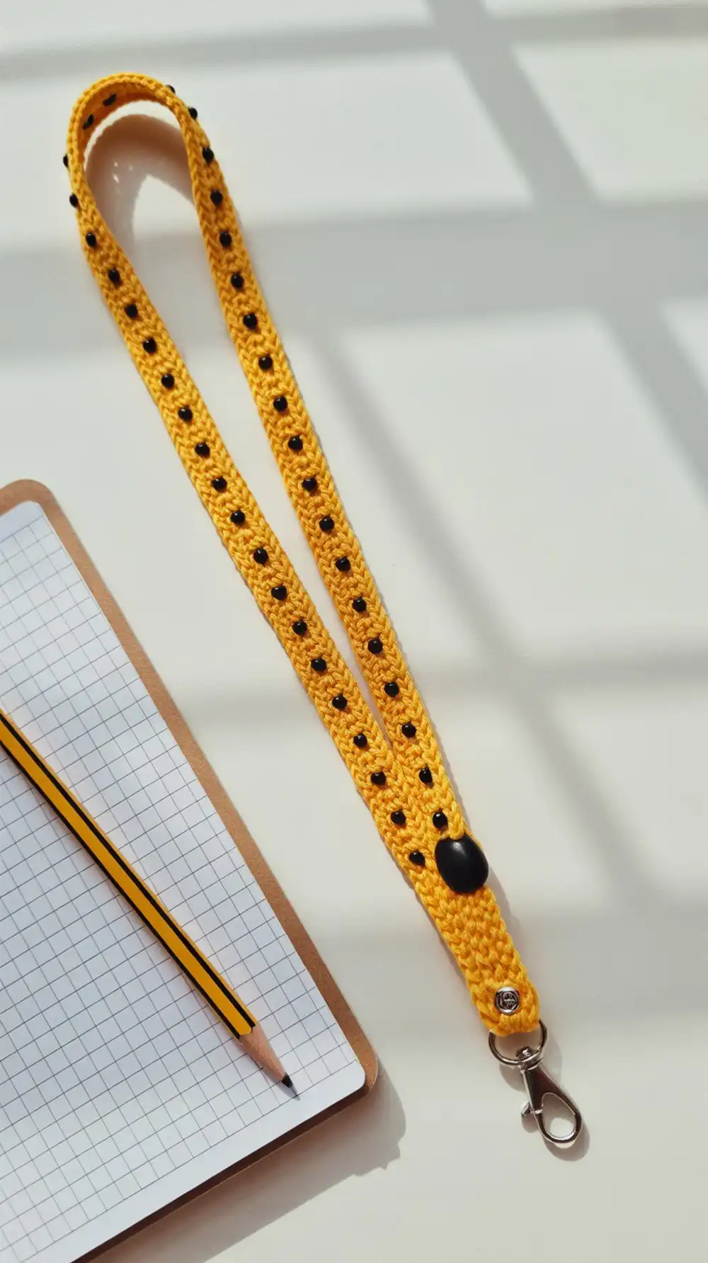 12 Crochet Beaded Lanyard – Badge Holder Ideas 13 A Teacher Style Strap with Bead Math, demonstrating a lanyard with precisely spaced beads based on calculated counts for a uniform design