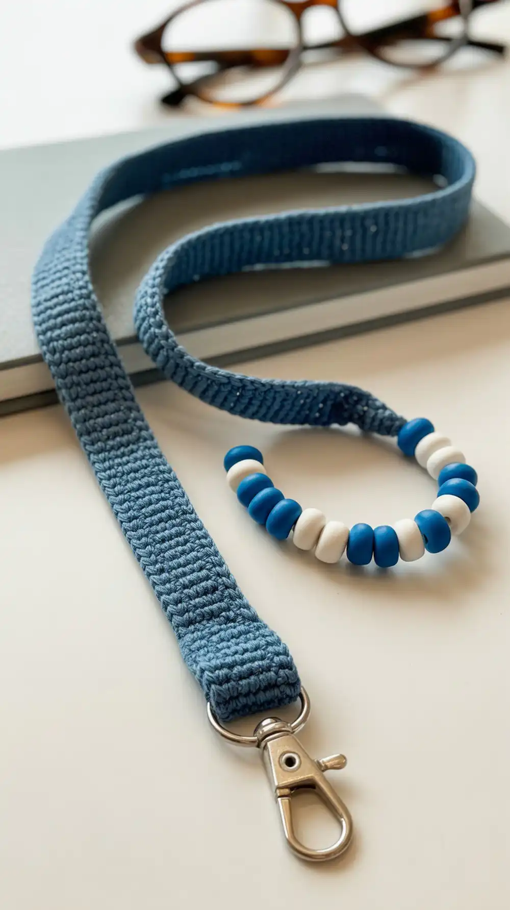 12 Crochet Beaded Lanyard – Badge Holder Ideas 5 A colorful Beaded Lanyard with a Pony Bead Stripe, showing a single crochet strip with evenly spaced pony beads creating a striped pattern