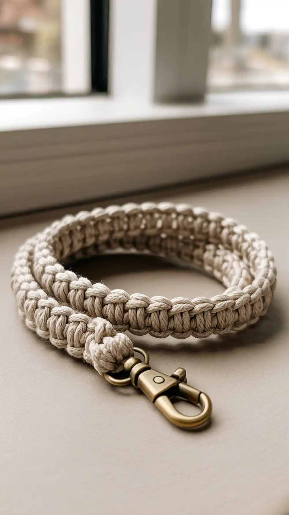 12 Crochet Beaded Lanyard – Badge Holder Ideas 10 A flexible Linen Stitch Lanyard displaying its smooth, woven texture and showcasing large-hole beads acting as 'stoppers' near the clasp