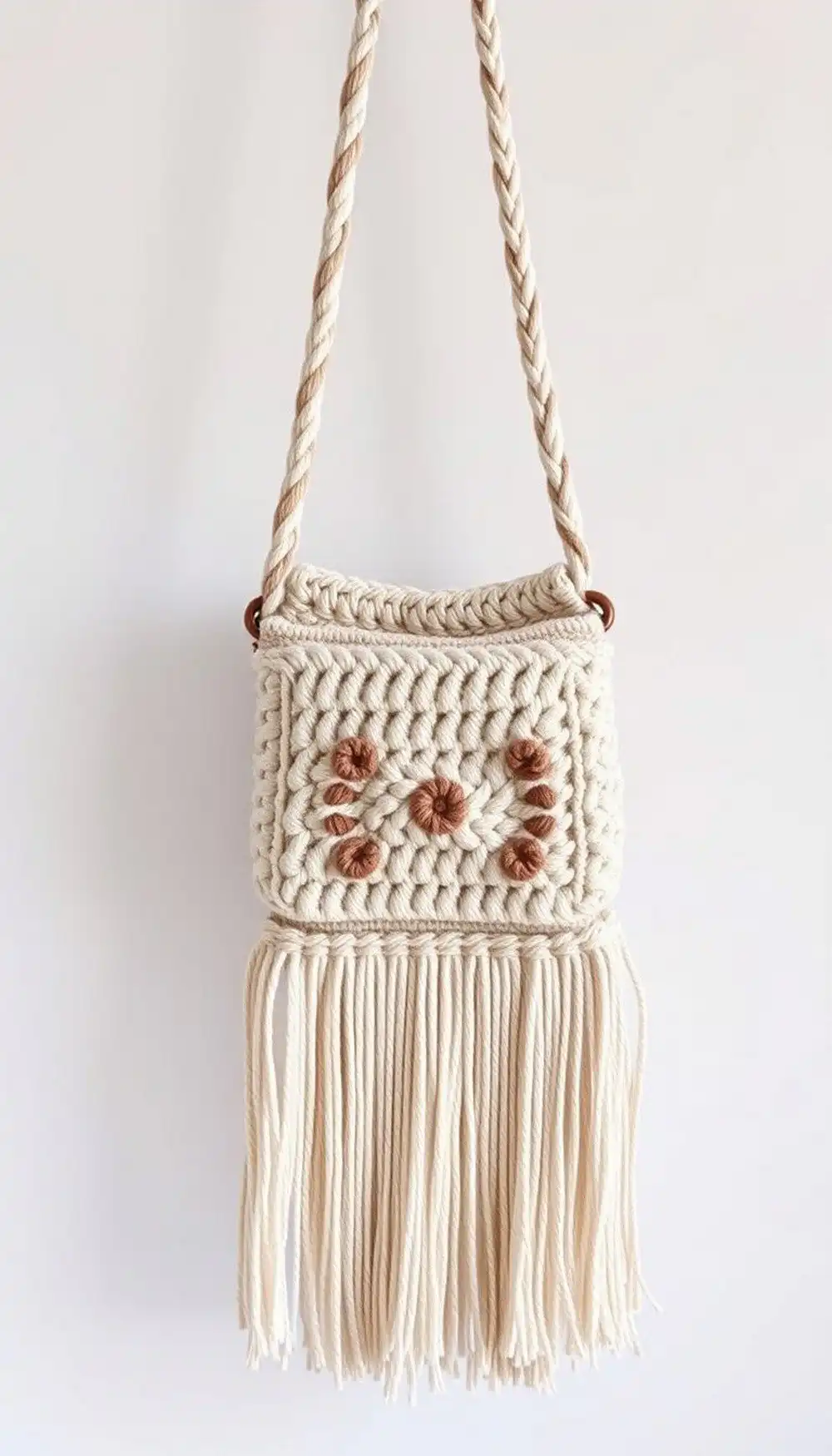 Boho Fringe Mini Crochet Crossbody Bag in earthy tones with playful tassels