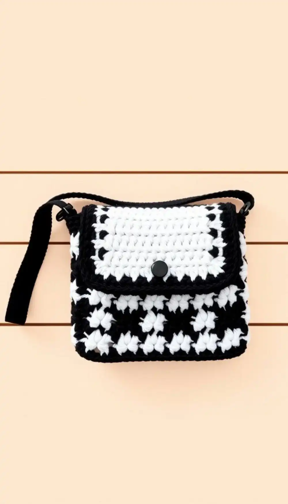 Bold Retro Checkered Crochet Mini Bag in black and white with a wide strap