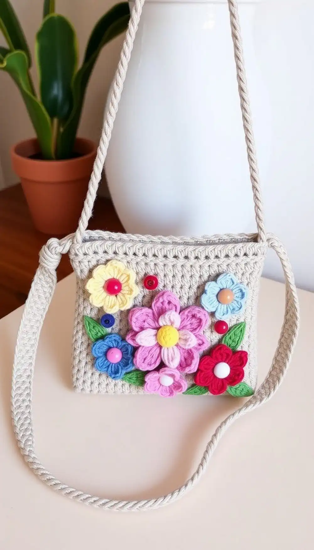 Neutral Crochet Mini Bag with colorful 3D Floral Appliqués and bead details