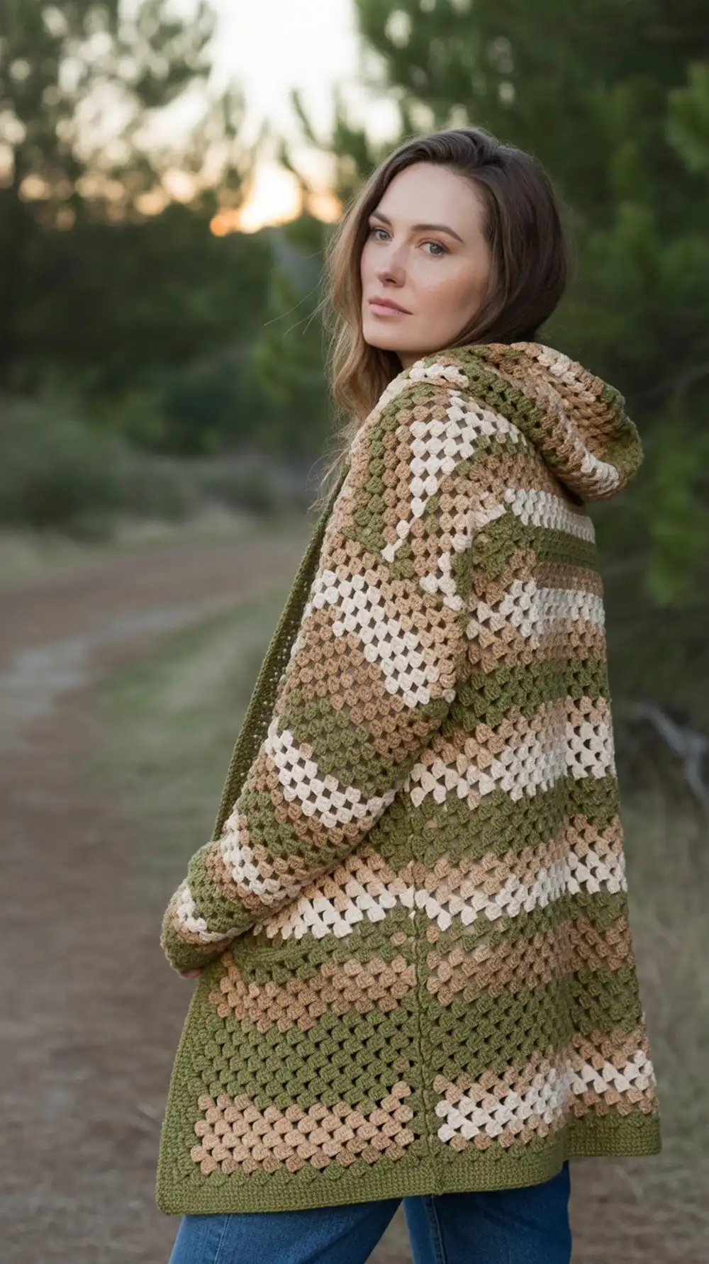Cozy Campfire Hexagon Cardigan in granny stitch with a hood, showcasing a classic boho-chic design.