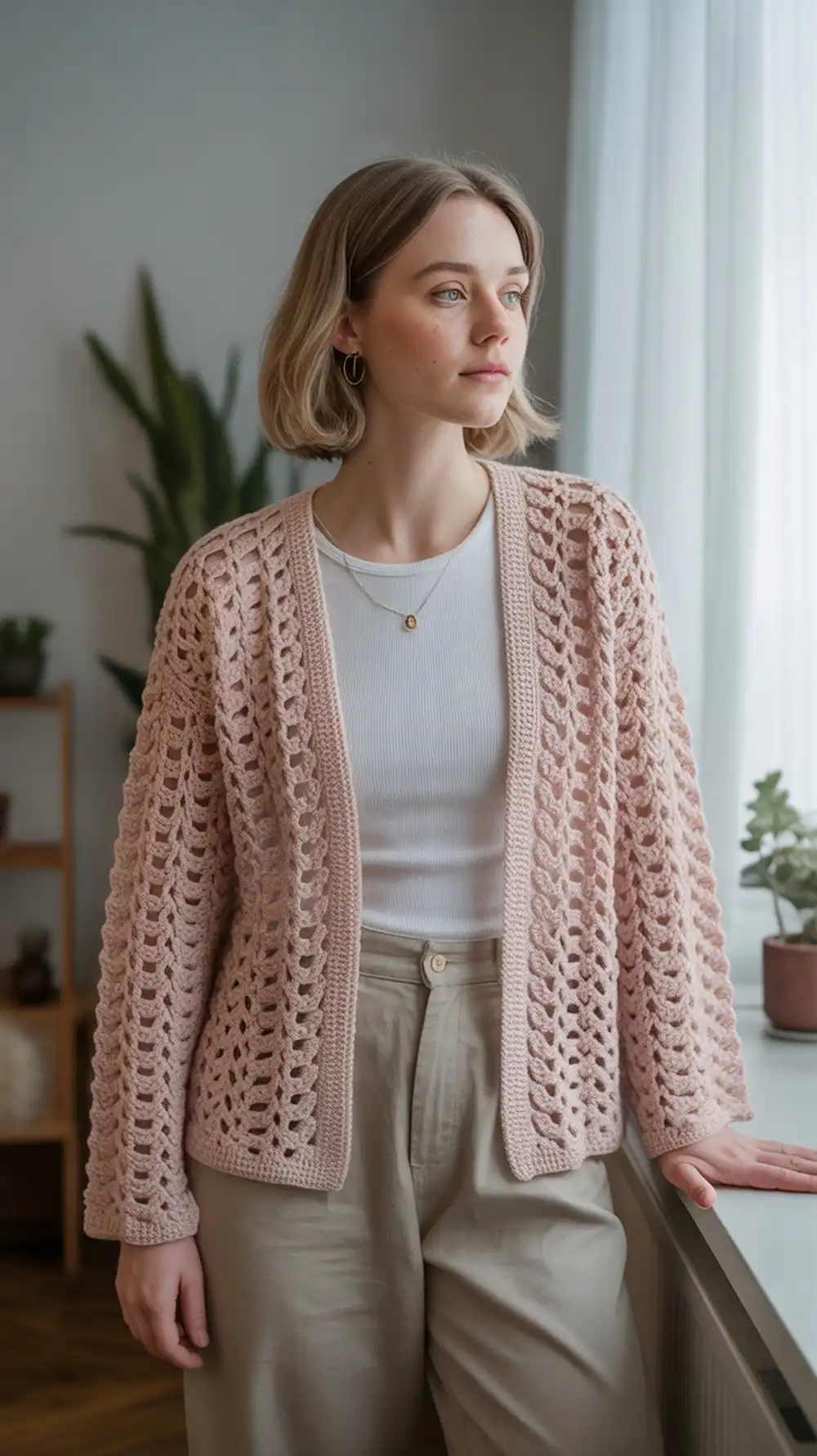 Sweet Dreams Hexagon Cardigan in pale pink Aran yarn, offering a feminine and romantic aesthetic.