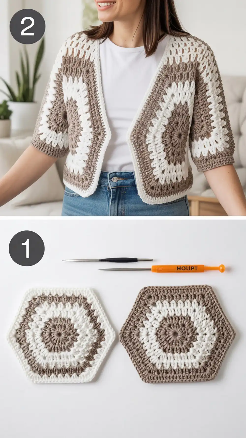 Lightweight Hexagon Cardigan showing the geometry and construction variations of the design.