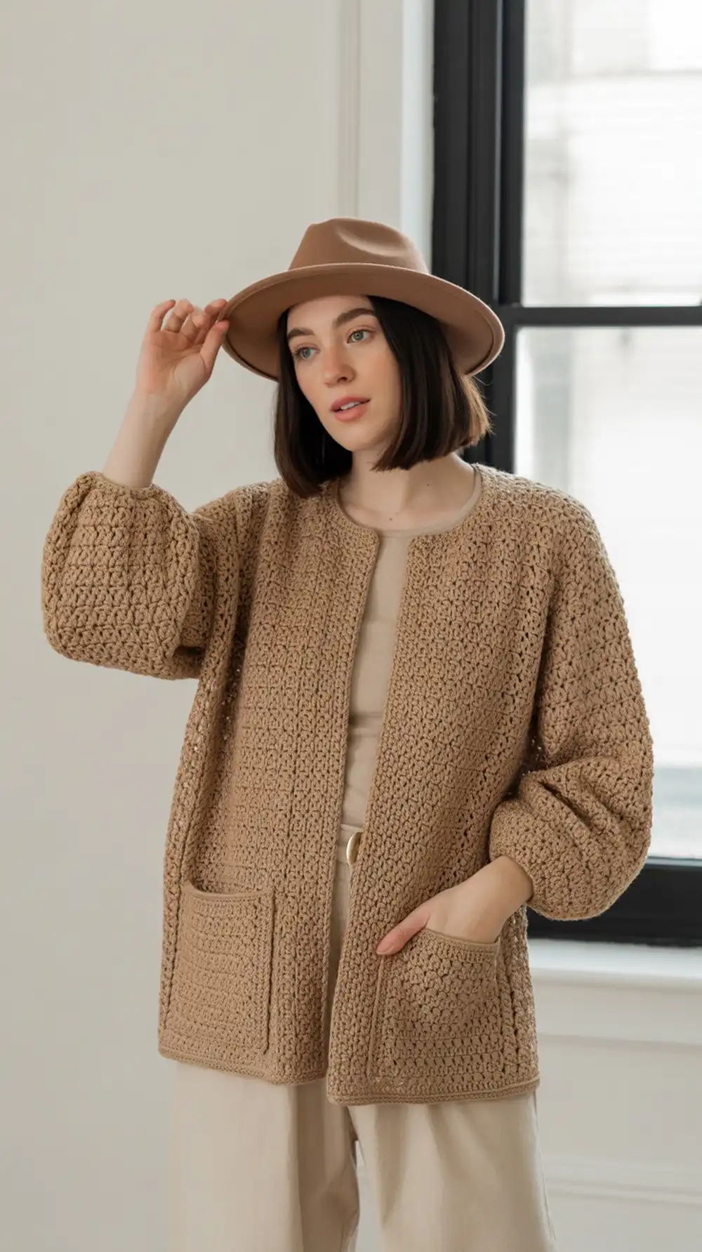Elegant Day Date Lightweight Hexagon Cardigan with bishop sleeves and pockets, made with light yarn for drape.