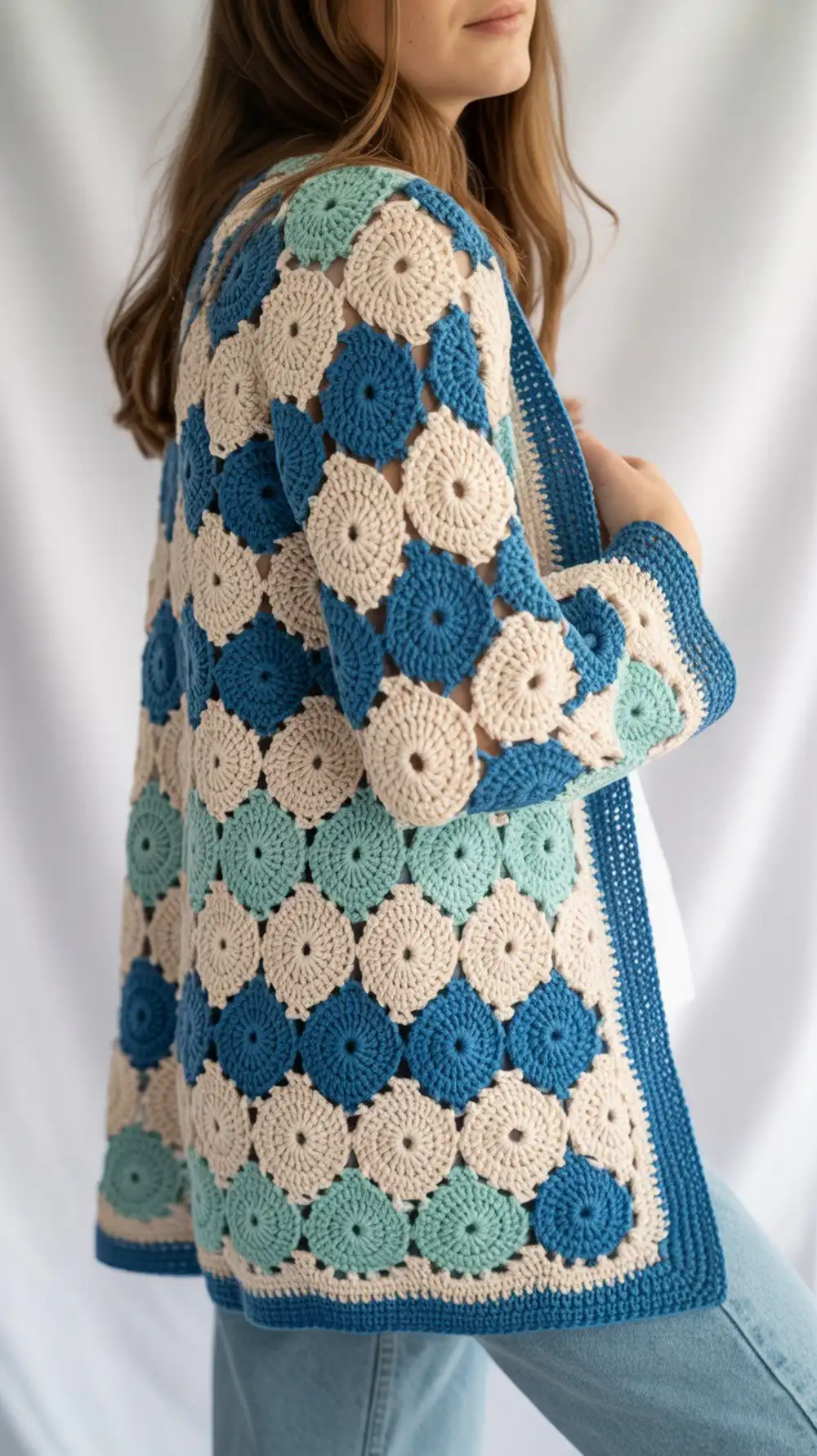 Customizable Granny Hexagon Cardi in ombré blue-green yarn, featuring a made-to-measure design.