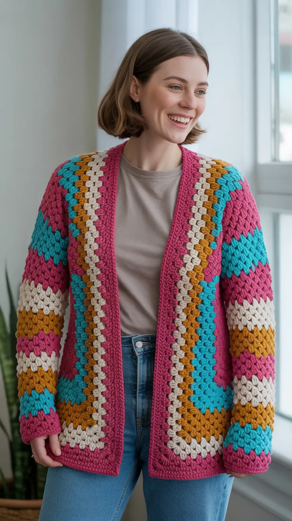 Vibrant Candy Pop Easy Hexagon Cardigan with color-blocked rounds in bright hues, a beginner-friendly project.