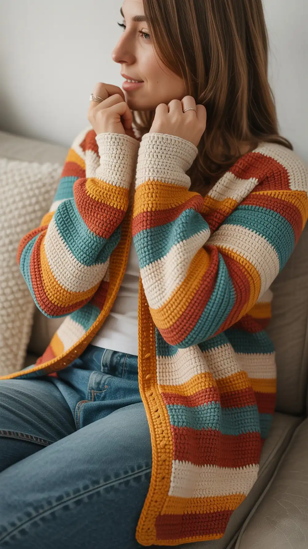 Retro Stripe Hexagon Cardigan with bold 70s-inspired stripes, constructed from DC-based hexagons.