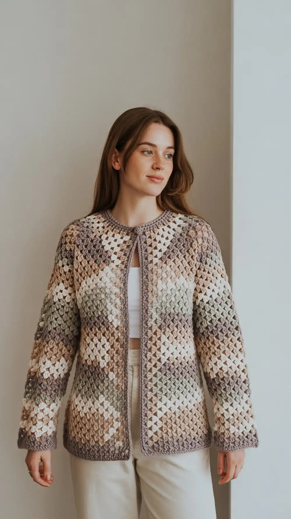 Classic Granny Hexagon Cardigan in a solid color, showcasing a relaxed boxy silhouette.