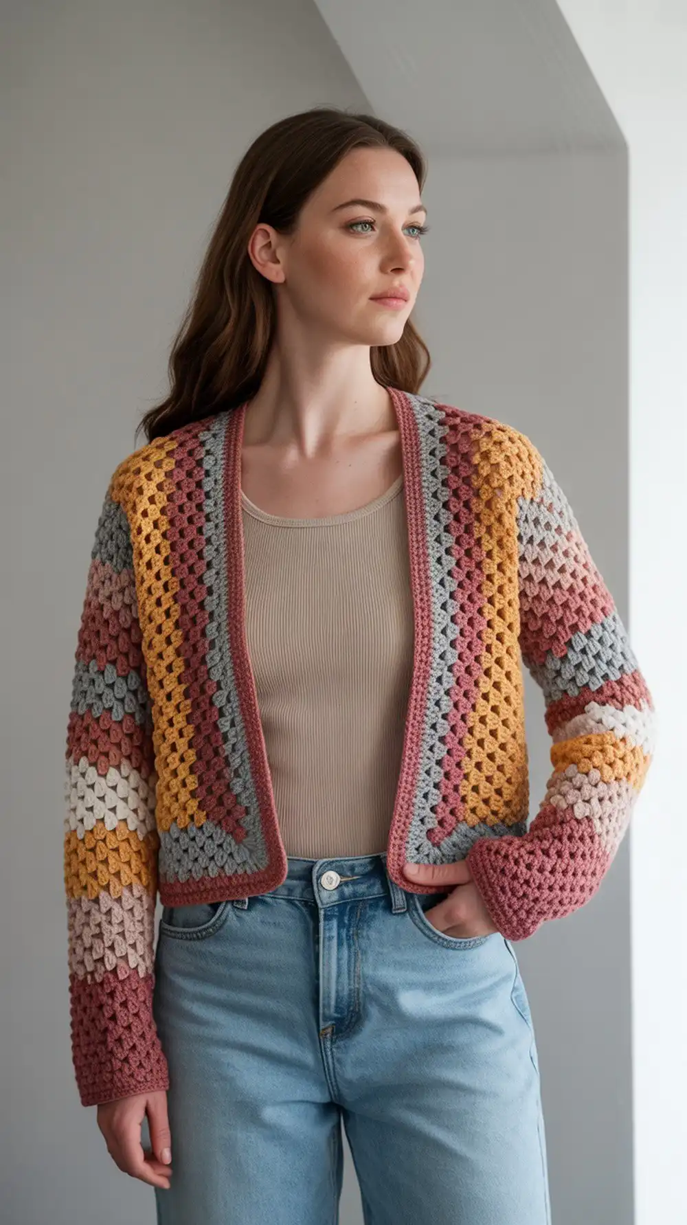 Trendy Cropped Granny Hexagon Cardigan shown in a waist-grazing fit, perfect for layering.