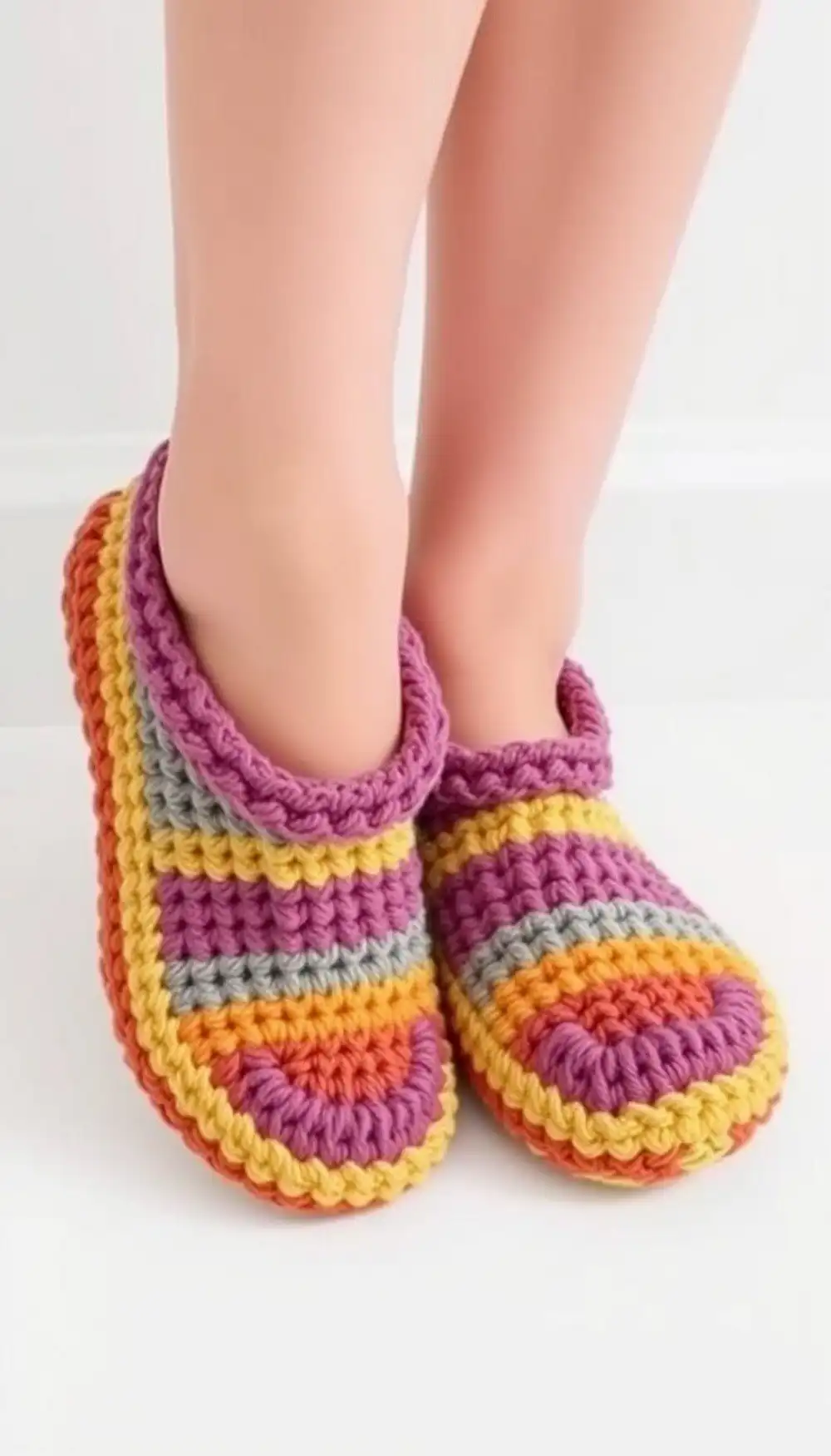 Close-up of a pair of basic chunky crochet slippers in a neutral color, highlighting the thick yarn texture.