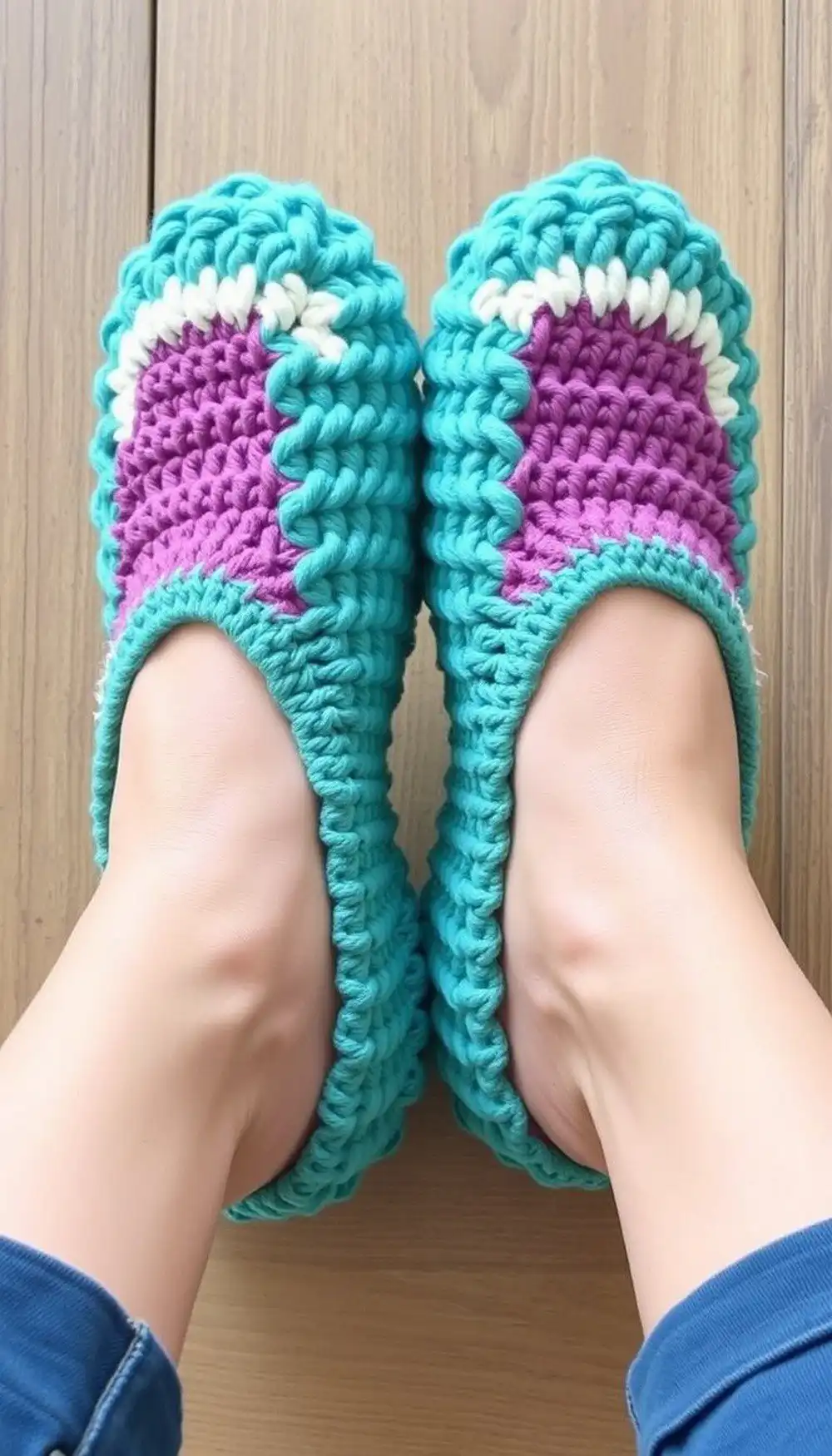 Textured slippers made from strips of upcycled t-shirt yarn, showing sustainable crafting.