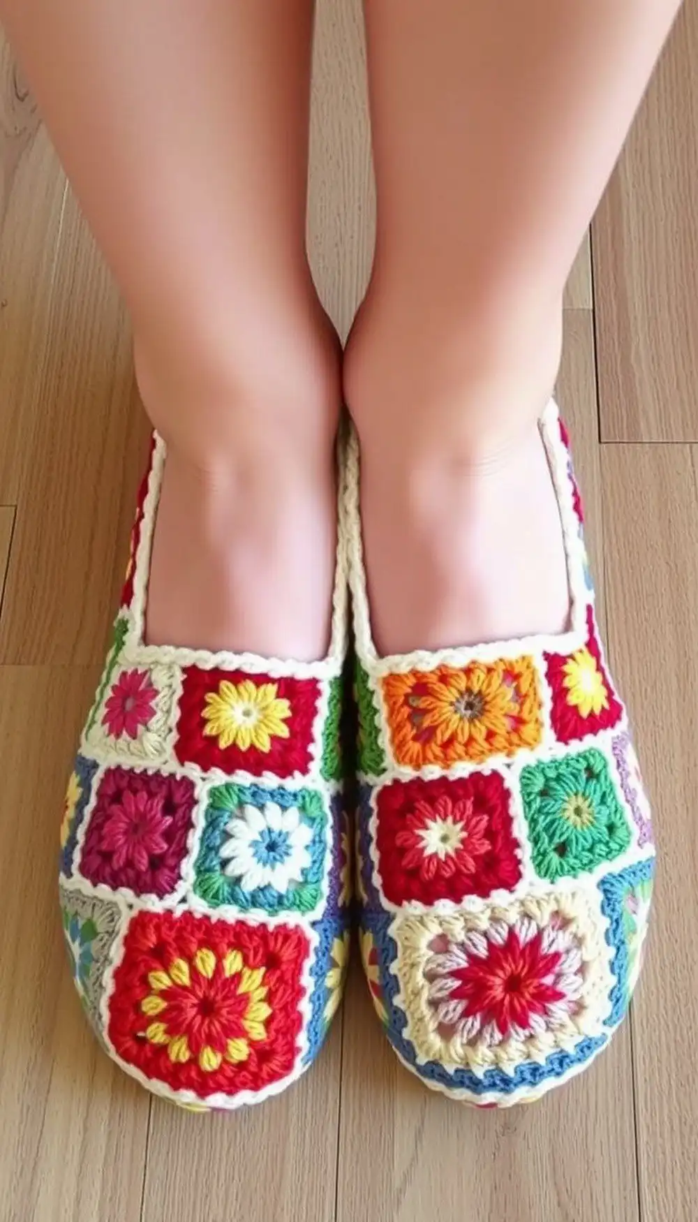 Colorful granny square crochet slippers, assembled from multiple vibrant squares.