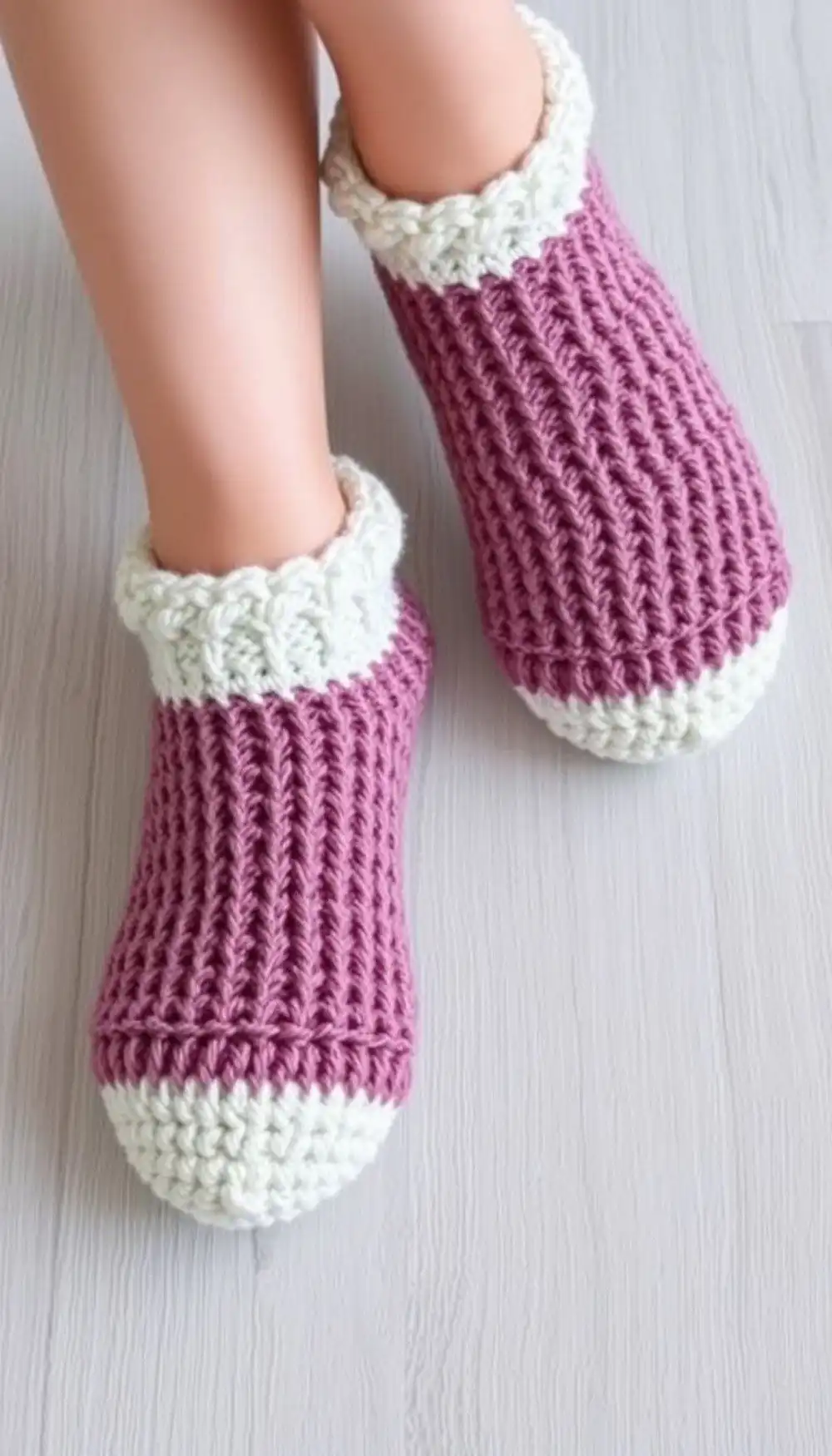 A pair of snug-fitting, ankle-high sock-style crochet slippers in a solid color.