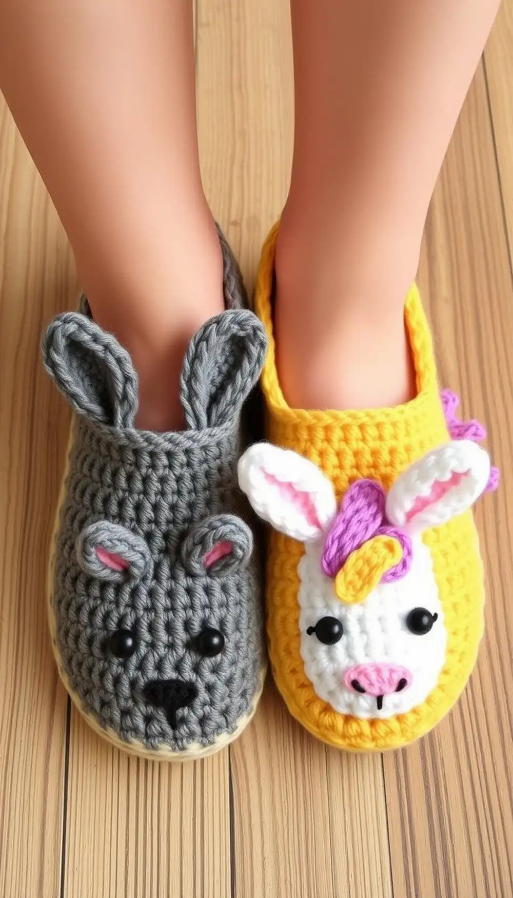 Adorable animal-themed crochet slippers shaped like a bunny with ears and a face.