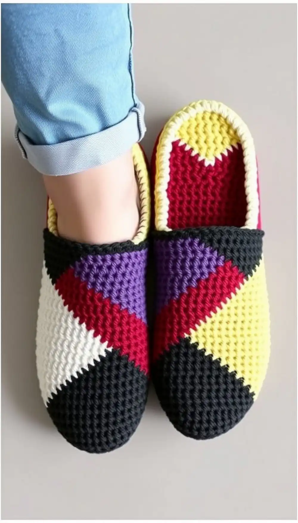 Modern color-block crochet slippers with contrasting yarn sections in geometric patterns.
