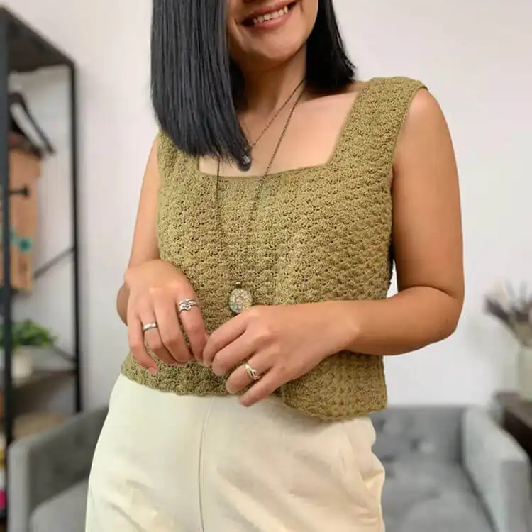 Close-up of a Solid Shell Stitch Tank Top in a light color, highlighting the delicate lace weight yarn and shell stitch texture.